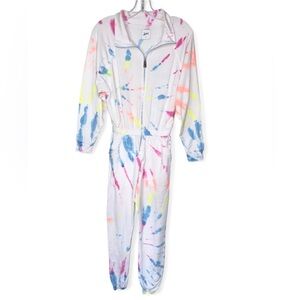 Lezat Neon Tie Dye Terry Jumpsuit Womens Small Cozy Lounge One Piece Zip Up